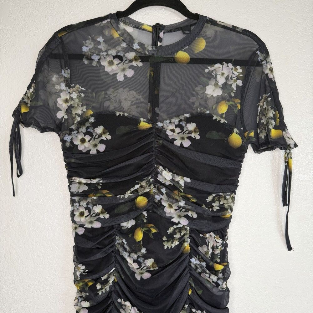ALLSAINTS Giorgia Eugenia Mesh Ruched Mini Dress Sz 6 Black Floral Lemon Whimsy - Picture 2 of 10